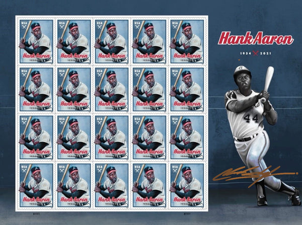 Hank Aaron USPS Stamp Sheet ARTIST SIGNED BRONZE